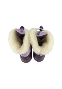 Lila Winterstiefel mit weißem Kunstfellfutter, abgerundeten Spitzen und schwarzen Gummisohlen. Verfügt über verstellbare lila Kordelzüge.