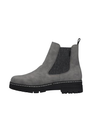 Grau-suede Knöchelstiefel mit elastischen Seitenpaneelen, strukturiertem Stoff und einer robusten schwarzen Gummisohle. Mit kontrastierenden Nähten und einer Schlaufe zum Anziehen.