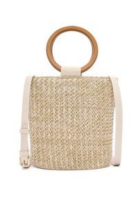 Borsa in paglia intrecciata con una texture beige, dotata di manico circolare in legno e di una tracolla in pelle bianca removibile.