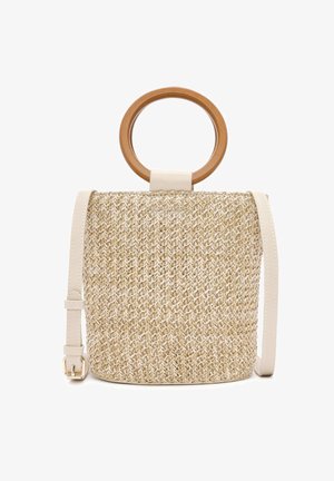 Borsa in paglia intrecciata con una texture beige, dotata di manico circolare in legno e di una tracolla in pelle bianca removibile.