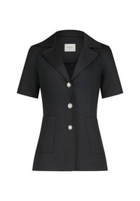 Zwart blazer met korte mouwen van gestructureerde stof, met een puntige kraag, drie zilveren knopen en twee voorzakken.