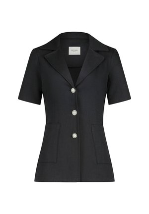 Zwart blazer met korte mouwen van gestructureerde stof, met een puntige kraag, drie zilveren knopen en twee voorzakken.