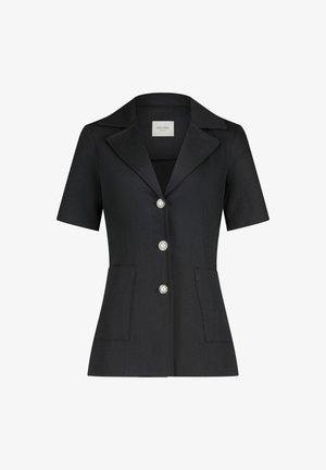 Zwart blazer met korte mouwen van gestructureerde stof, met een puntige kraag, drie zilveren knopen en twee voorzakken.