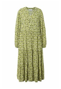 Vestido largo de estampado floral verde con escote en V, mangas largas y falda en capas. Tejido ligero con una textura suave.
