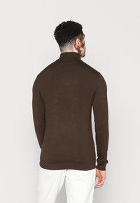Maglione a collo alto marrone, attillato, con maniche lunghe, polsini e orlo a costine. Realizzato in tessuto liscio, mostrato da dietro.