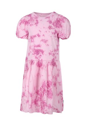 Pink og lilla tie-dye-kortærmet kjole med pufærmer og en samlet nederdel, med en lille blomsterlogo på brystet.