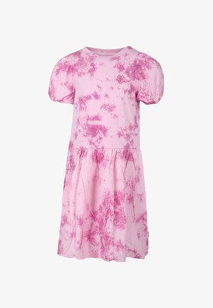 Pink og lilla tie-dye-kortærmet kjole med pufærmer og en samlet nederdel, med en lille blomsterlogo på brystet.