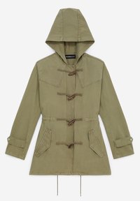 Oliwkowa, bawełniana kurtka z kapturem, wyposażona w zapięcie na troczki, dwie przednie kieszenie oraz regulowany sznur na talii.