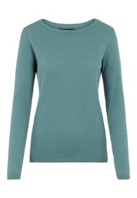 Modrý pletený svetr se strukturovaným diamantovým vzorem, kulatým výstřihem a dlouhými rukávy. Žebrované manžety a lem s hladkým zakončením.