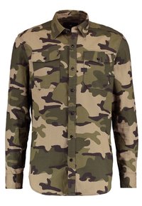 Camouflage knoopshirt in verschillende tinten groen en beige. Bevat twee borstzakken en een klassieke kraag met een gestructureerde stof.