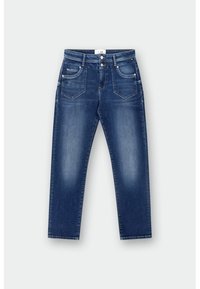 Jean en denim bleu avec une coupe droite, cinq poches et un léger effet délavé sur les cuisses. Finition avec une fermeture éclair et un bouton.