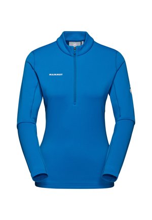 Blauer Fleece-Halbzip-Pullover mit langen Ärmeln. Weicher Stoff, elastische Bündchen und ein kleines Logo auf der Brust. Leichtes Design für aktive Freizeitbekleidung.