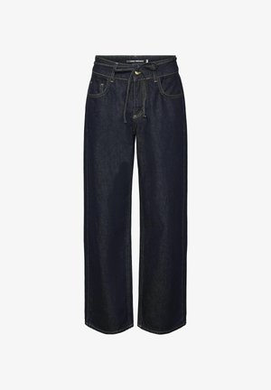 Jeans in denim scuro a gamba larga con vita elastica, caratterizzati da cuciture a contrasto, tasche frontali e una vestibilità leggermente loose.