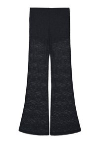 Pantaloni neri in pizzo a campana con intricati motivi floreali, caratterizzati da un design a gamba larga per una silhouette fluida e una vita liscia.