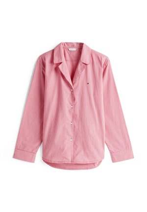 Rood en wit geruite blouse met lange mouwen, met kraag en sluiting aan de voorkant met knopen, voorzien van een klein logo op de linkerborst en een gebogen zoom.