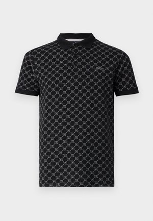 Black polo shirt with a repeating white geometric pattern. Features a black collar and three buttons at the neck. Logo embroidered on the chest.