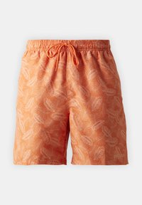Pantaloni de baie portocalii cu un model alb de frunze, talie elastică cu șnur și material ușor pentru confort.