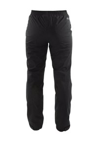 Zwarte waterdichte broek met een elastische tailleband, taps toelopende pijpen en geen zichtbare naden. Glad textuur, ontworpen voor buitenactiviteiten.