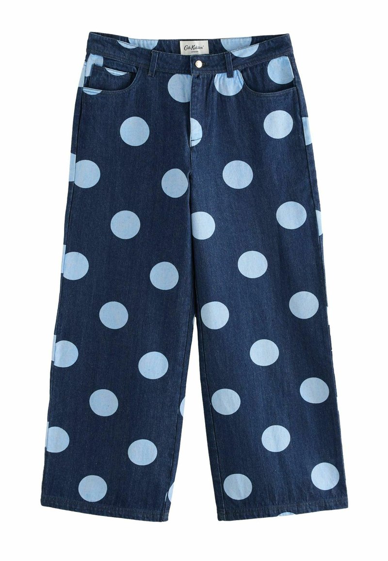 Sötétkék háttérrel rendelkező kék pöttyös mintás farmernadrág. Széles lábszárú dizájn, elülső zsebekkel és gombos záródással.