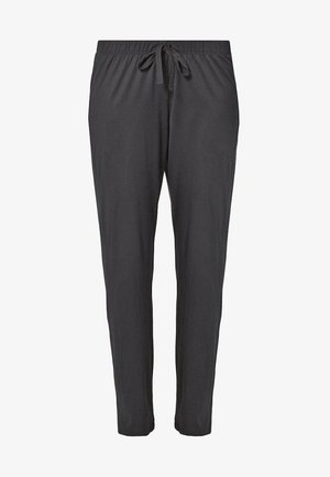 Schwarze, leichte Lounge-Hosen mit einem elastischen Bund und Kordelzug. Glatte Textur, schmal zulaufende Beine und keine sichtbaren Taschen oder Muster.