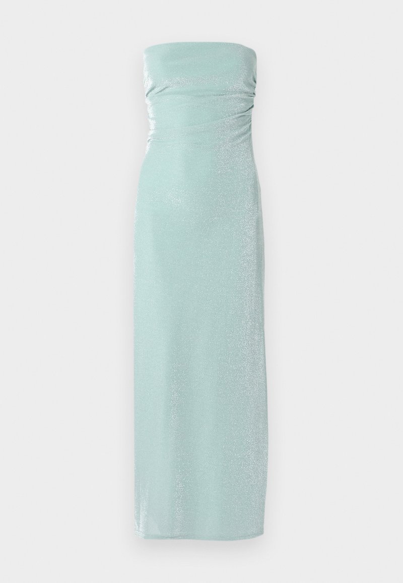 Mintgrünes, trägerloses Kleid, figurbetontes Design, lange Länge, aus schimmerndem Material mit weichen Rüschendetails entlang des Oberteils.
