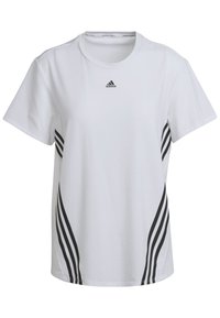 Camiseta deportiva blanca con logo negro de Adidas y tres rayas negras a lo largo de los lados. Cuello redondo, mangas cortas, tela ligera.