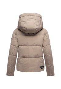 Kaki puffer jakna s kapuljačom, sa kvadratnim dizajnom, glatkom teksturom i logom na donjoj lijevoj strani.
