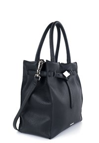 Borsa tote nera in pelle con superficie texture, doppie maniglie, tracolla removibile e dettagli in metallo argentato.