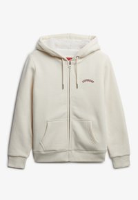 Hoodie zippé couleur crème avec poches avant, capuche à cordon de serrage et petit logo "Superdry" rouge sur la poitrine gauche.