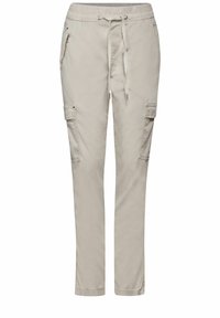 Beige cargobyxor med elastisk midja, justerbar dragsko, sidofickor och avknäppte fållar. Tillverkade av lättviktsmaterial.
