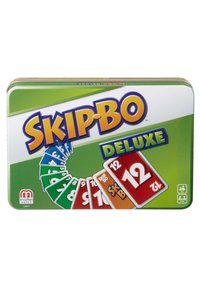Metal tin featuring "SKIP-BO DELUXE" logo in bold yellow, green background, displaying colorful number cards in a fan arrangement.