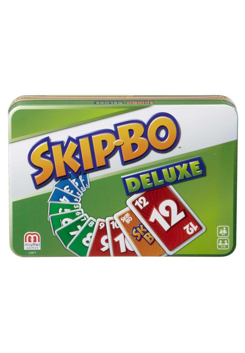 Metal tin featuring "SKIP-BO DELUXE" logo in bold yellow, green background, displaying colorful number cards in a fan arrangement.