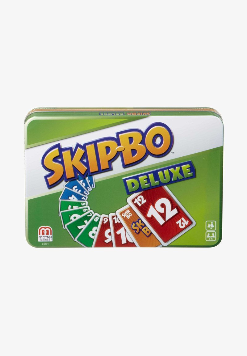 Metal tin featuring "SKIP-BO DELUXE" logo in bold yellow, green background, displaying colorful number cards in a fan arrangement.