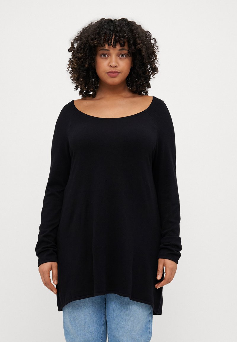 Black long-sleeve top with a wide scoop neckline and a relaxed fit, featuring a straight hemline and soft, smooth texture.