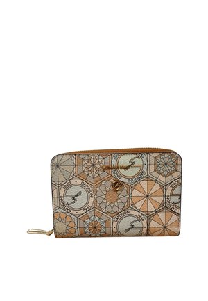 Portafoglio compatto con chiusura a zip con motivi geometrici a stella beige e marroni e loghi circolari con la scritta "Gattinoni Since 1946" su materiale strutturato.