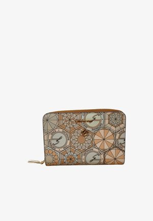 Portafoglio compatto con chiusura a zip con motivi geometrici a stella beige e marroni e loghi circolari con la scritta "Gattinoni Since 1946" su materiale strutturato.