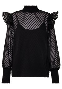 Blouse noire transparente avec un col smocké haut, des manches volantes et un motif en chevrons texturé. Présente des poignets ajustés et une silhouette ample.