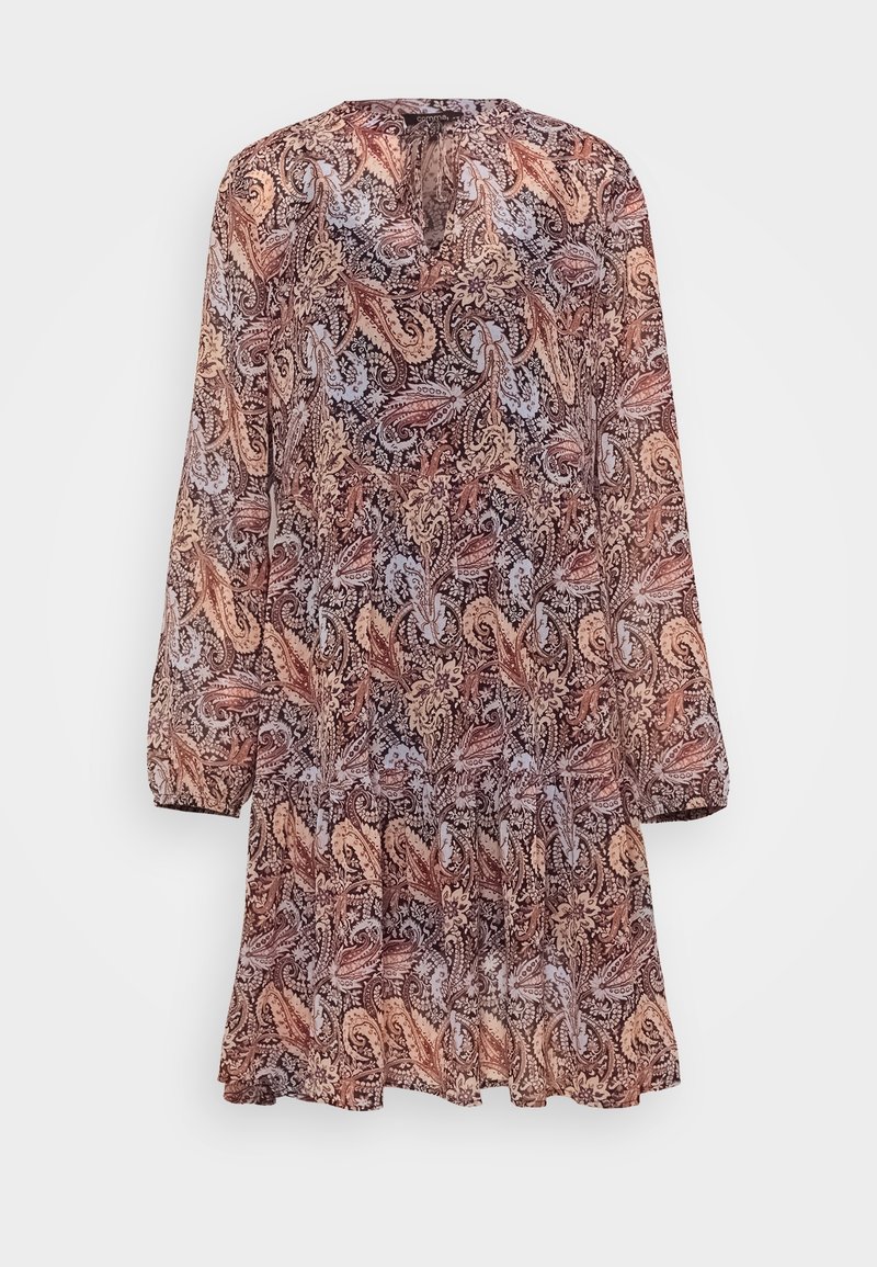 Robe à manches longues, longueur genou, avec jupe à étages et motif paisley multicolore aux tons marron, beige et bleu clair.