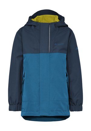 Kinder twee-kleurige blauwe waterdichte capuchonjas met elastische manchetten en ritssluitingen aan de zijkanten, gevoerd met felgeel materiaal aan de binnenkant van de capuchon.