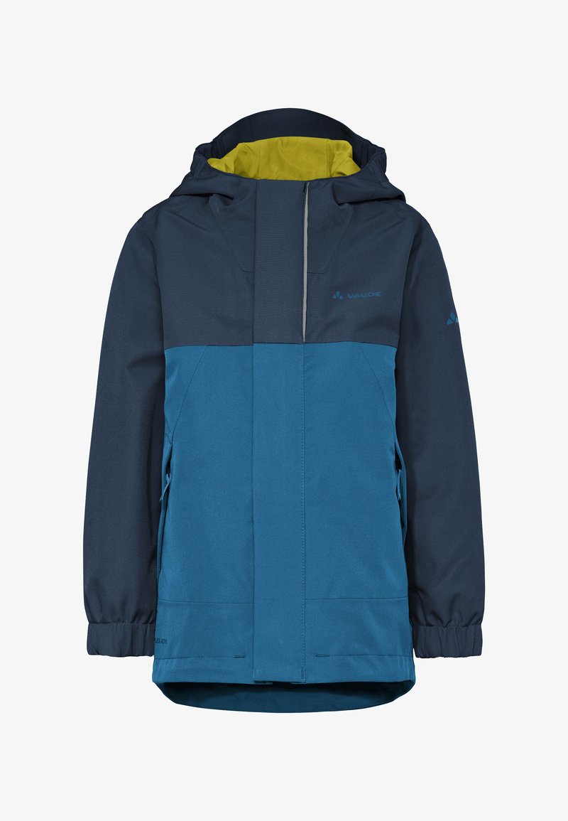 Veste imperméable à capuche bicolore bleu pour enfants, avec poignets élastiques et poches latérales zippées, doublée d'un tissu jaune vif à l'intérieur de la capuche.