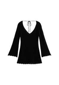 Top in pizzo nero con scollatura a V profonda, maniche svasate e orlo a scallop. Presenta una chiusura con lacci sul retro e motivi testurizzati in tutto il capo.