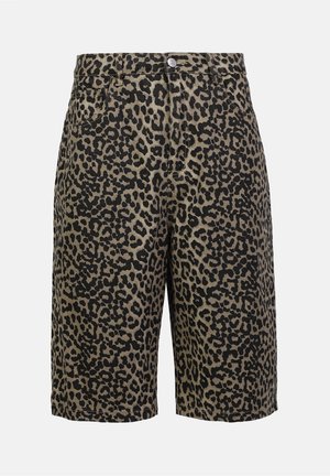 Shorts taille haute jusqu’au genou avec imprimé léopard noir et marron, bouton à l’avant, passants de ceinture et poches latérales.