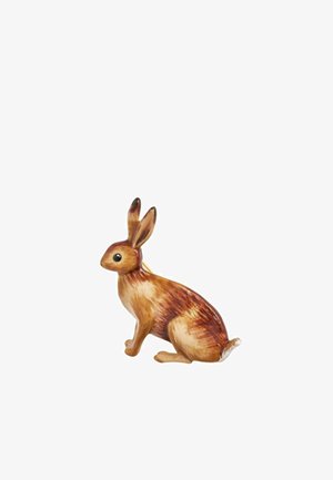 Ceramic rabbit figurine with a glossy brown and tan finish, detailed ears, and a textured fur pattern. Stands in a natural sitting pose.