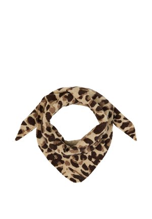 Bandana in tessuto morbido con stampa leopardata in tonalità marrone e beige, piegato a forma triangolare con le estremità annodate ben visibili.