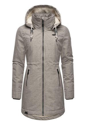 Grau gefütterte Jacke mit Kapuze, zwei seitlichen Taschen und Kordelzügen. Leichtes, figurbetontes Design aus strukturiertem Stoff.