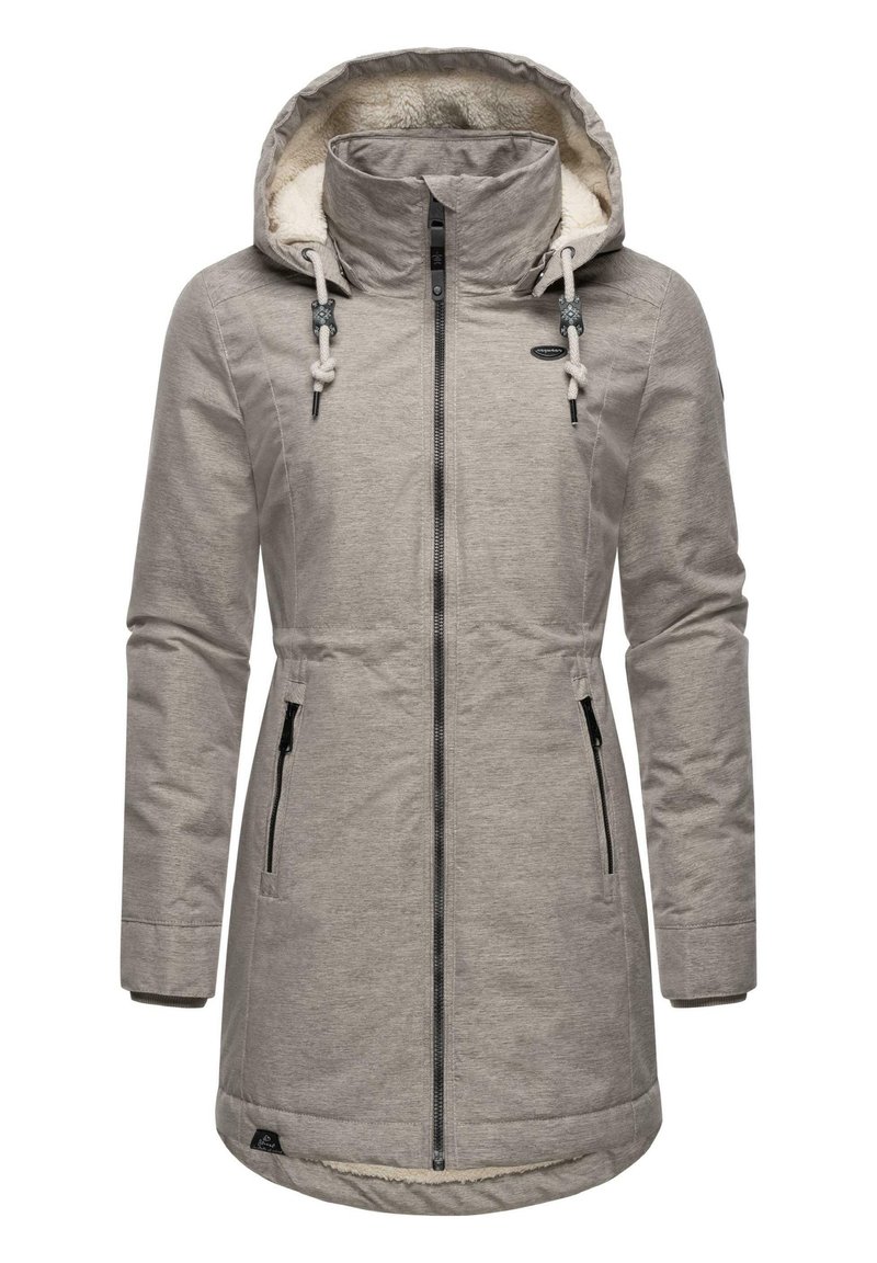 Grå zip-up parka med fleecefodrad huva, två sidofickor och snodddetaljer. Lättviktig, åtsittande design med strukturerad tyg.