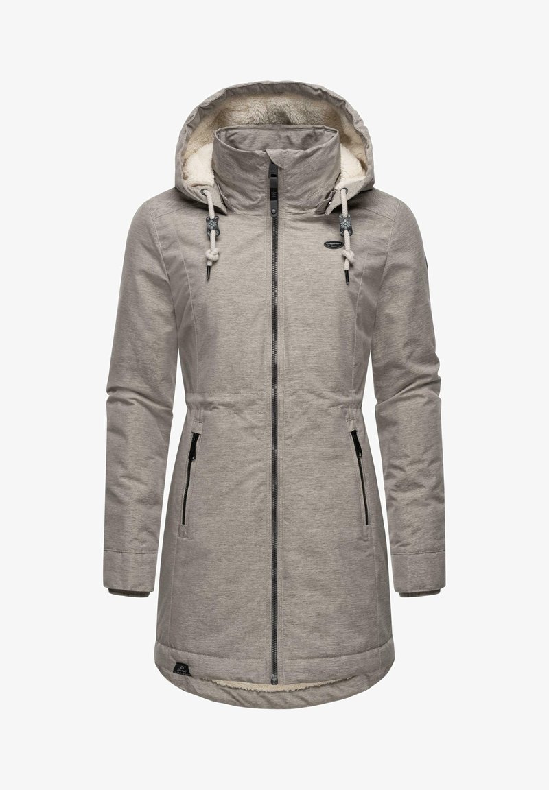 Hallüks sinine kraega parka, millel on fleece'ist vooder datav müts, kaks küljetaskut ja paeltega dekoratiivsed detailid. Kerge, sobiv disain tekstureeritud kangast.