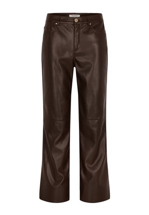 Dark brown faux leather straight-leg pants with front pockets, belt loops, and a button closure at the waist.