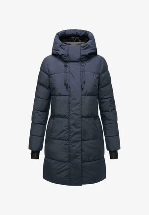 Granatowy pikowany parka z kapturem, regulowanymi sznurkami, długimi rękawami i bocznymi kieszeniami. Gładka tekstura o matowym wykończeniu.