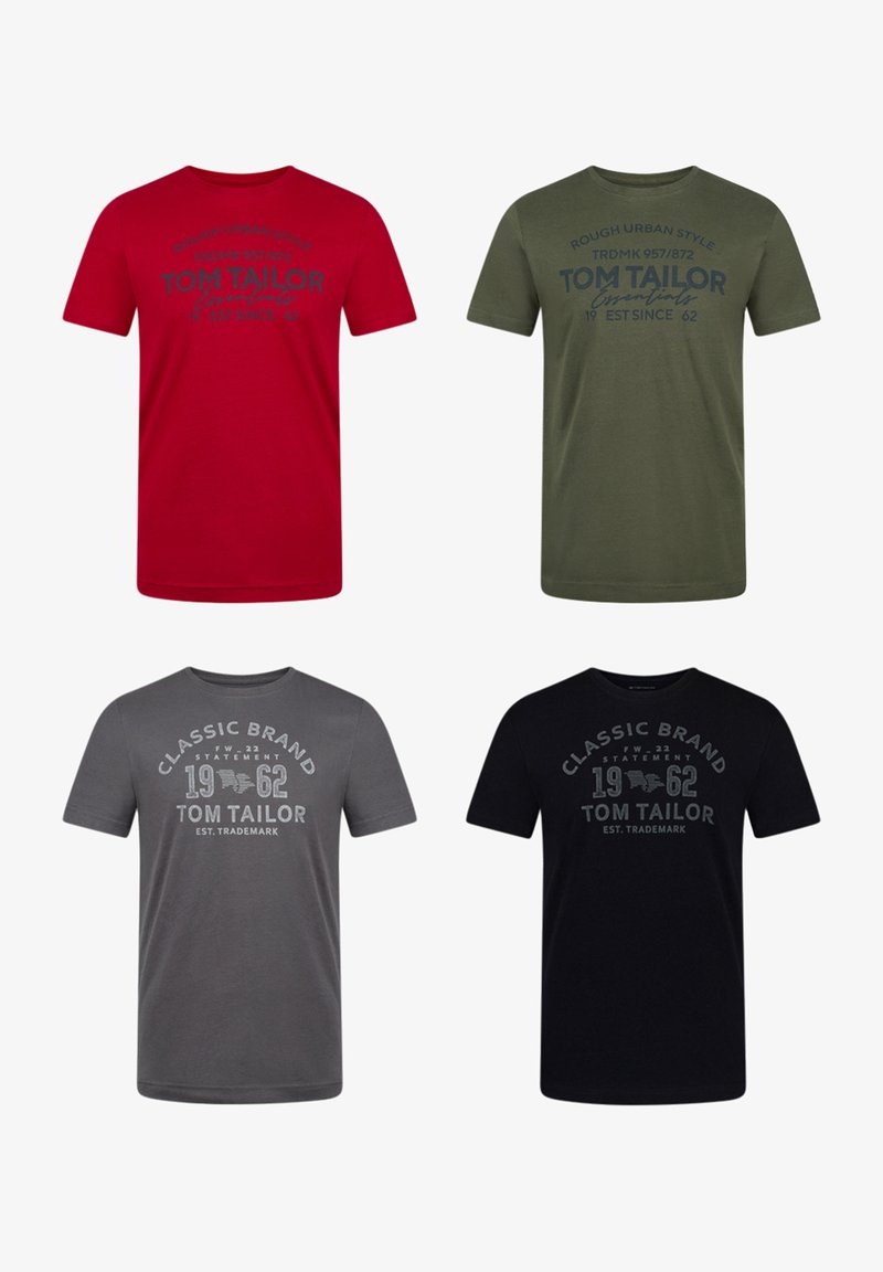 Cuatro camisetas de manga corta: roja con texto azul marino, verde oliva con texto oscuro, gris con texto blanco y negra con texto oscuro, todas con logotipos de la marca.